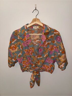 Love Notes Teal Floral Tie-Front Crop Blouse
